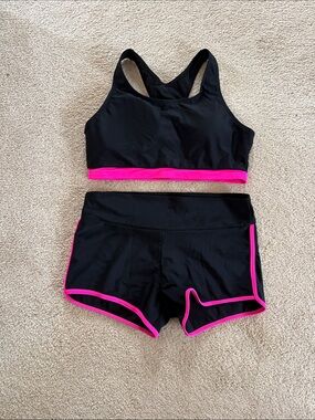 Black Active Set with Bright Pink Trim - Sports Bra & Shorts, new without tags